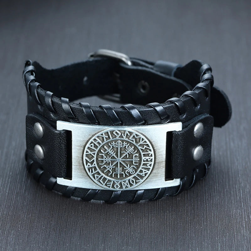Vnox Wide Leather Wristband for Men Stylish Genuine Leather Bangle with Metal Charm Bracelets Punk Male Pulseira