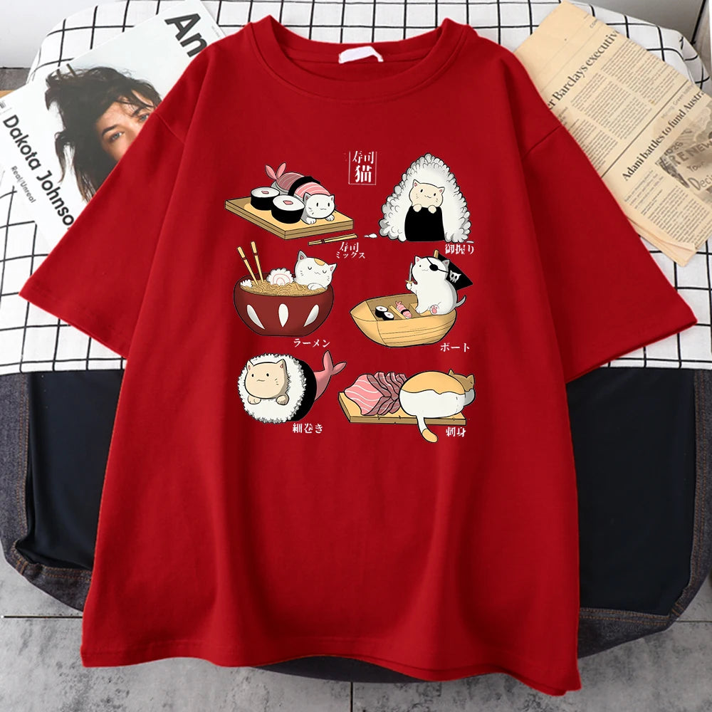 Food Cute Cat Sushi Cartoon Style Mens Cotton Short Sleeve Harajuku Casual All-math T-Shirts Oversize Fashion Man Tee Clothing
