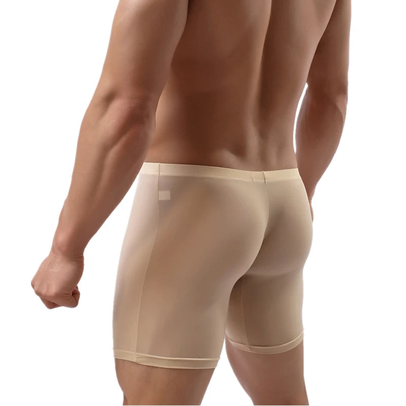Ice Silk Long Men Boxer Low Waist Solid Men Underwear Boxer Shorts Long Leg Boxers Underpants Sexy U Pouch Boxer Underwear
