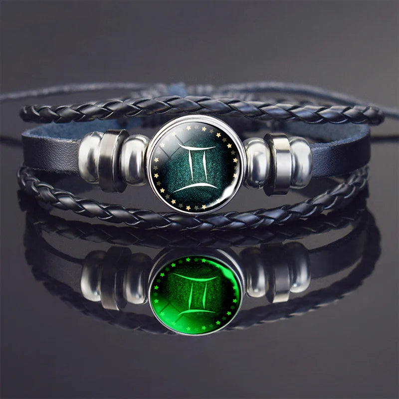 Glow In The Dark Constellation Gemini Bracelet  Braided Leather Bracelet Zodiac Gemini Jewelry Birthday Present