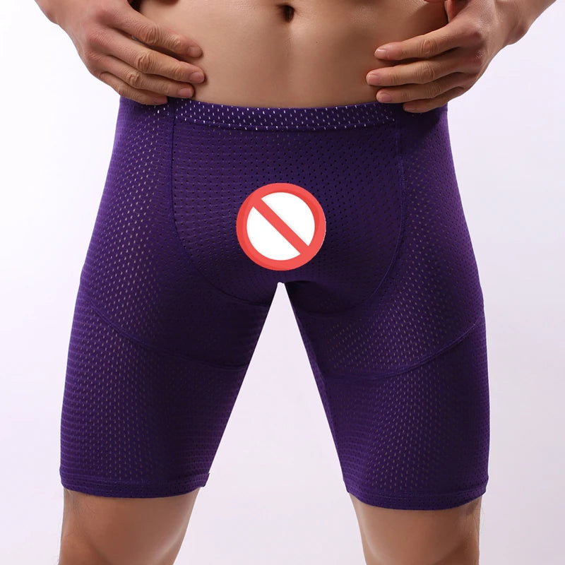 Fitness Long Men Boxer Underwear Mesh Breathable Men Underwear Boxer Shorts Long Leg Trunks Sexy Pouch Running Underpants