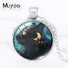 2021 New Cat with Moon Pendant Necklace Witchcraft Painting Round Print Photo Necklaces Glass Dome Jewelry Gifts