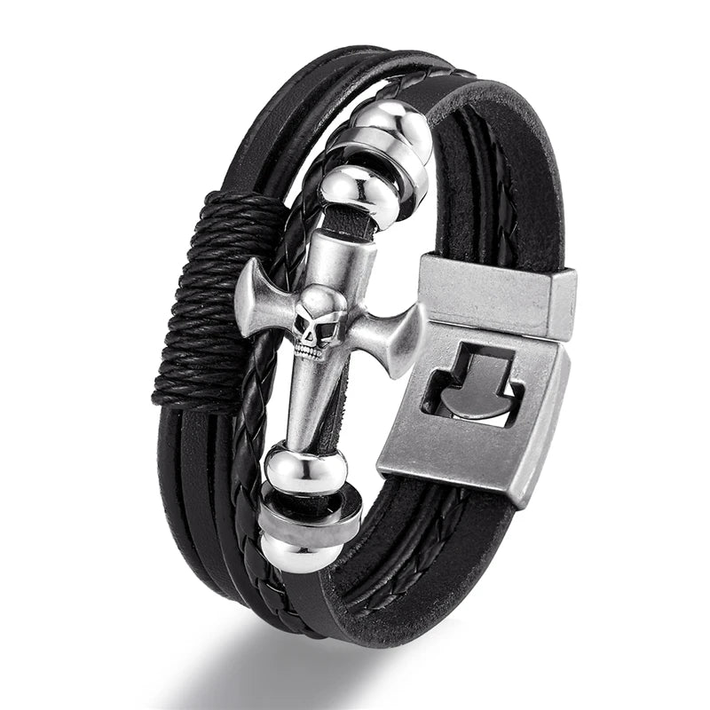 YIZIZAI Fashion Bracelete Genuine Leather Multilayer Anchor Bracelet Men Vintage Punk Rock Women Alloy Beads Nautical Jewelry