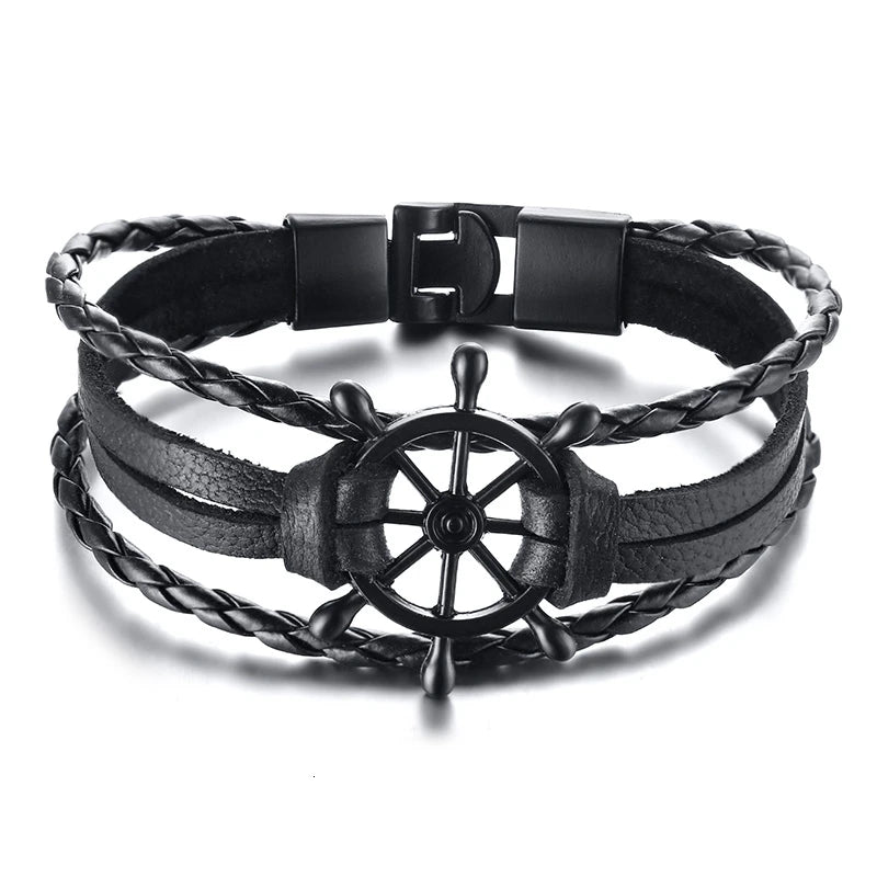 Vnox Mens Vintage Rudder Charm Bracelets Multi-layer Leather Rope Chain Wrist Bangles Jewelry