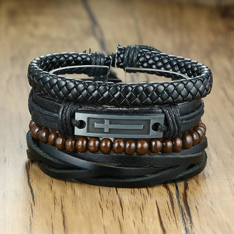 Vnox Mix 4Pcs/ Set Braided Wrap Leather Bracelets for Men Women