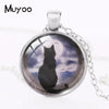 2021 New Cat with Moon Pendant Necklace Witchcraft Painting Round Print Photo Necklaces Glass Dome Jewelry Gifts