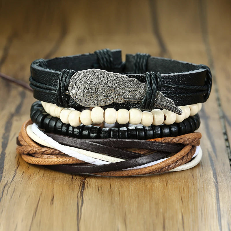 Vnox Mix 4Pcs/ Set Braided Wrap Leather Bracelets for Men Women