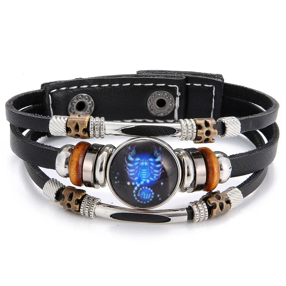 Charm Jewelry 12 Zodiac Weave Bracelets for Women Vintage Multi-layer Stainless Steel 12 Constellations Leather Bracelet