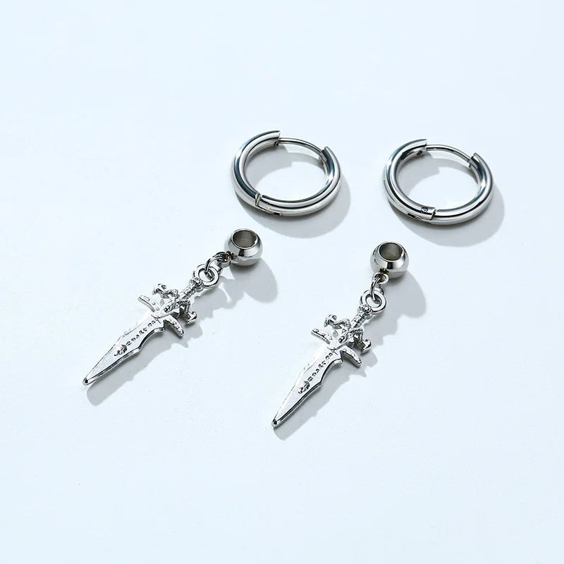 SINGLE SILVER COLOR DAGGER EARRING MEN STAINLESS STEEL SWORD HUGGIE HOOPS EARRINGS COOL FASHION ROCK TATTOO MEN JEWELRY