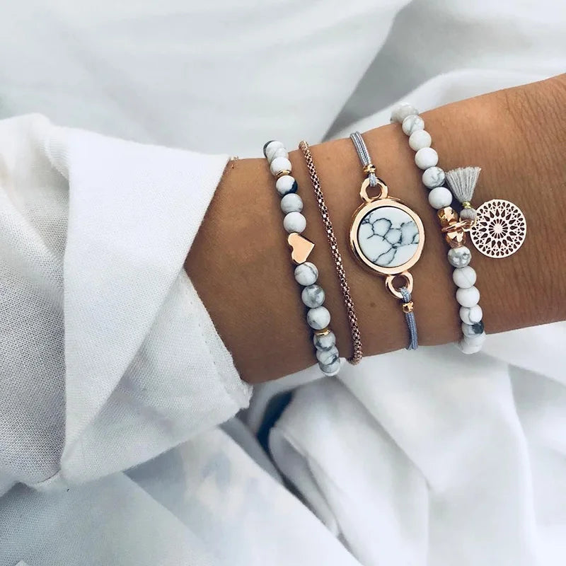 5pcs/set Bohemia Shell Moon Charm Bracelet set For Women Heart Geometric Black Beads Chain Bangle Girls Fashion Jewelry Gift