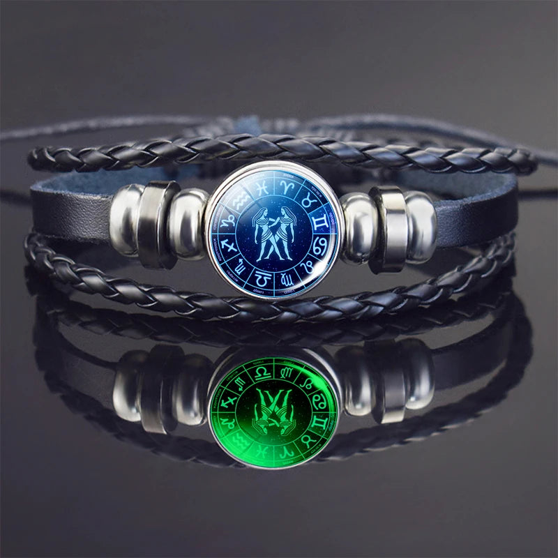 Glow In The Dark Constellation Gemini Bracelet  Braided Leather Bracelet Zodiac Gemini Jewelry Birthday Present