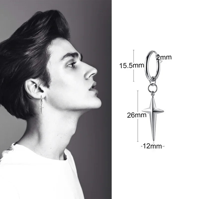 SINGLE SILVER COLOR DAGGER EARRING MEN STAINLESS STEEL SWORD HUGGIE HOOPS EARRINGS COOL FASHION ROCK TATTOO MEN JEWELRY