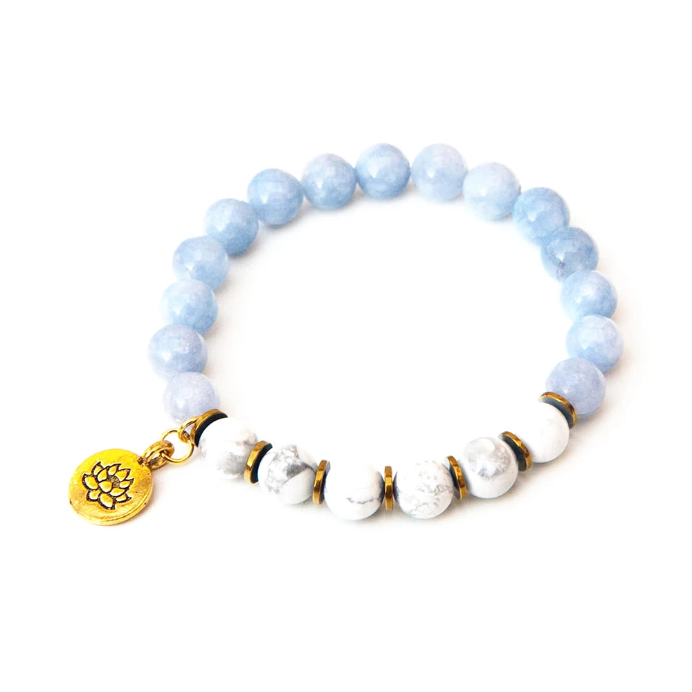 Ruberthen Natural Celestine Women`s Lotus Yoga Mala Bracelet 8 mm Matte Howlite Gemstone Bracelet Best Mother`s Day Gift