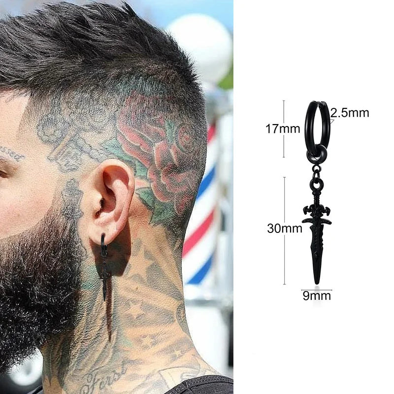 SINGLE SILVER COLOR DAGGER EARRING MEN STAINLESS STEEL SWORD HUGGIE HOOPS EARRINGS COOL FASHION ROCK TATTOO MEN JEWELRY