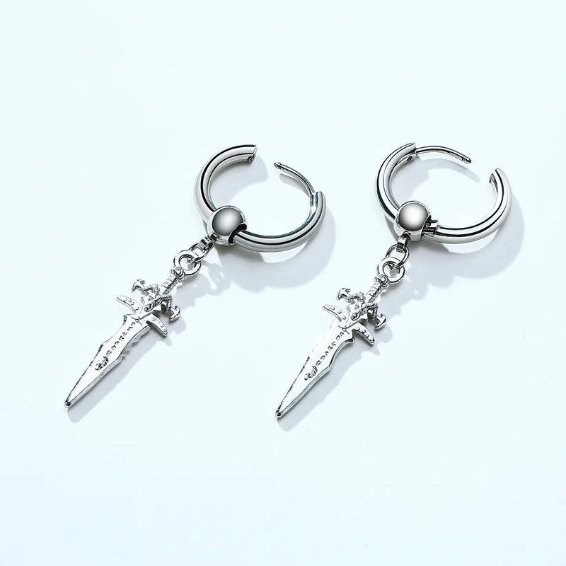 SINGLE SILVER COLOR DAGGER EARRING MEN STAINLESS STEEL SWORD HUGGIE HOOPS EARRINGS COOL FASHION ROCK TATTOO MEN JEWELRY
