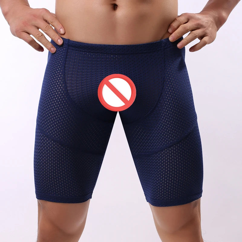 Fitness Long Men Boxer Underwear Mesh Breathable Men Underwear Boxer Shorts Long Leg Trunks Sexy Pouch Running Underpants