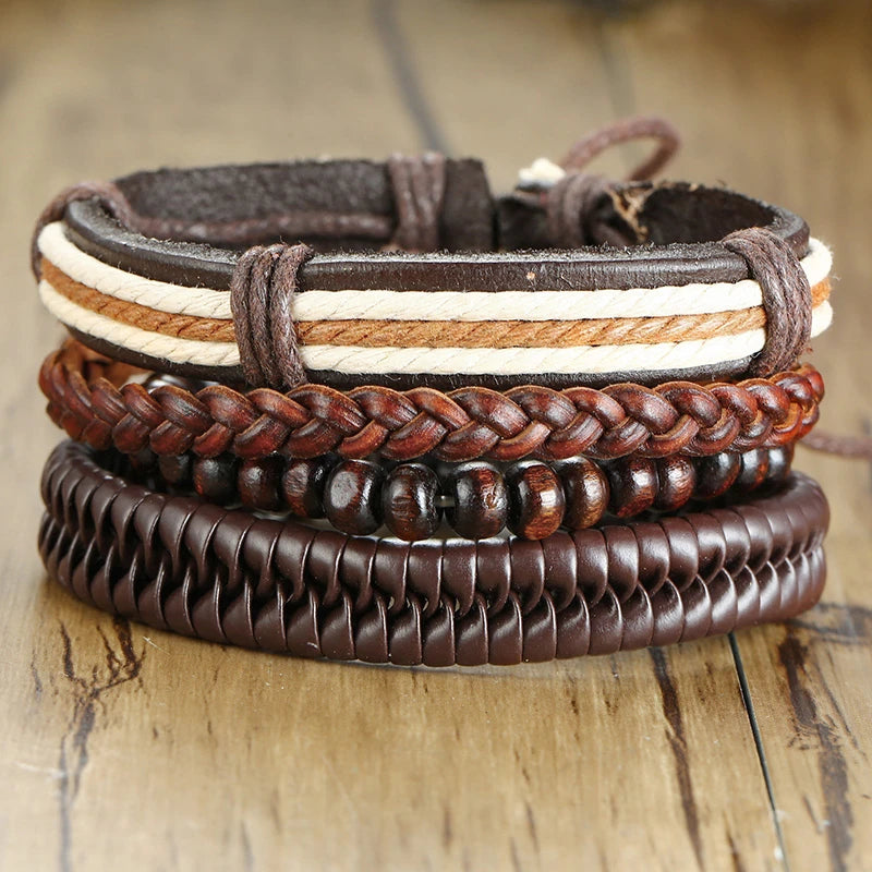 Vnox Mix 4Pcs/ Set Braided Wrap Leather Bracelets for Men Women