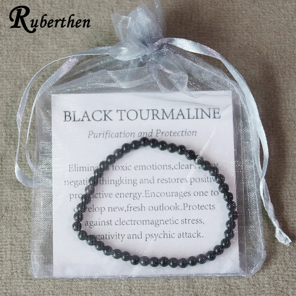 Ruberthen New Design Womens 4 MM Black Tourmaline Bracelet Handmade Mini Gemstone Energy Jewelry