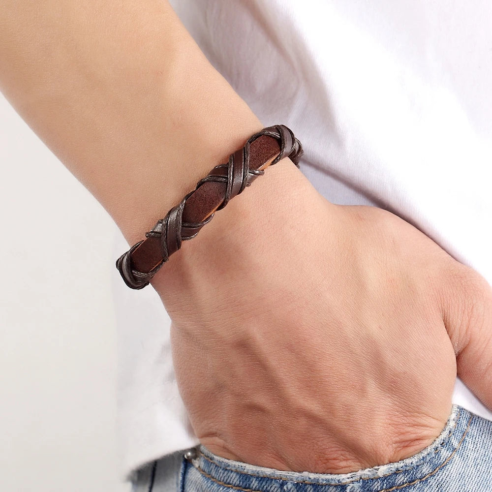 Black/Brown Faux Leather Bracelet Punk Men Jewelry