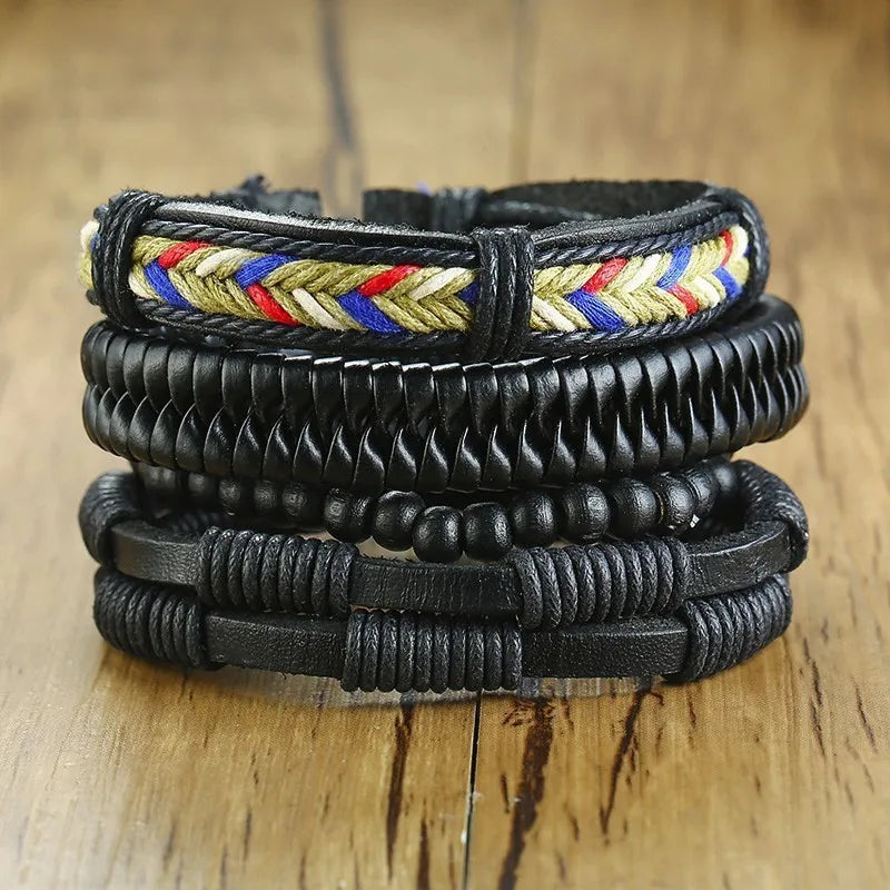 Vnox Mix 4Pcs/ Set Braided Wrap Leather Bracelets for Men Women