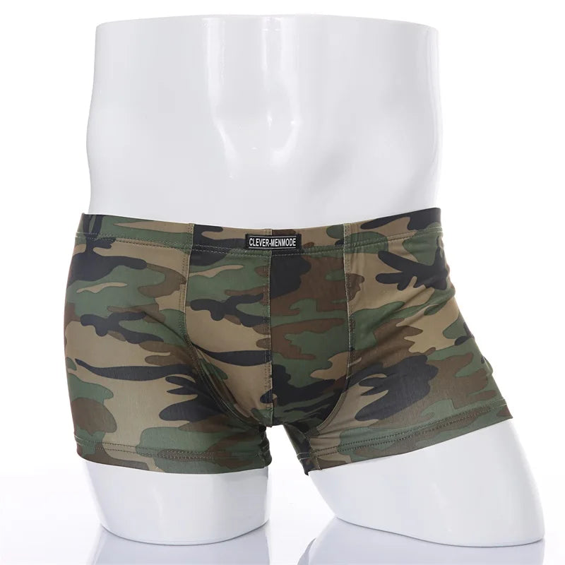 CLEVER-MENMODE Men Low Rise Shorts Boxer Sexy Men's Soft Underwear Camouflage Boxers Trunks Underpants Lingerie Stretch homem