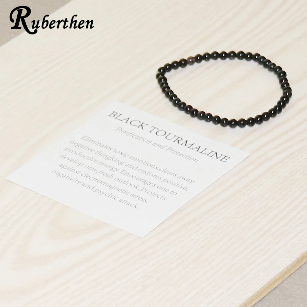 Ruberthen New Design Womens 4 MM Black Tourmaline Bracelet Handmade Mini Gemstone Energy Jewelry