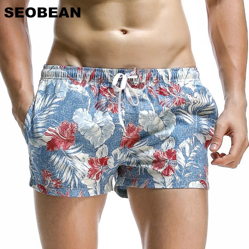 SEOBEAN Summer Hot Short Men Board Shorts Coconut Leaf Pattern Sea Beach Style Men's Shorts Men Quick Dry Shorts Trunks
