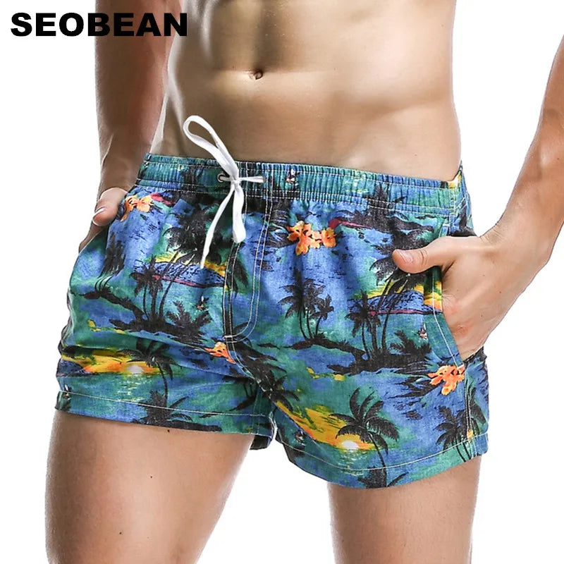 SEOBEAN Summer Hot Short Men Board Shorts Coconut Leaf Pattern Sea Beach Style Men's Shorts Men Quick Dry Shorts Trunks