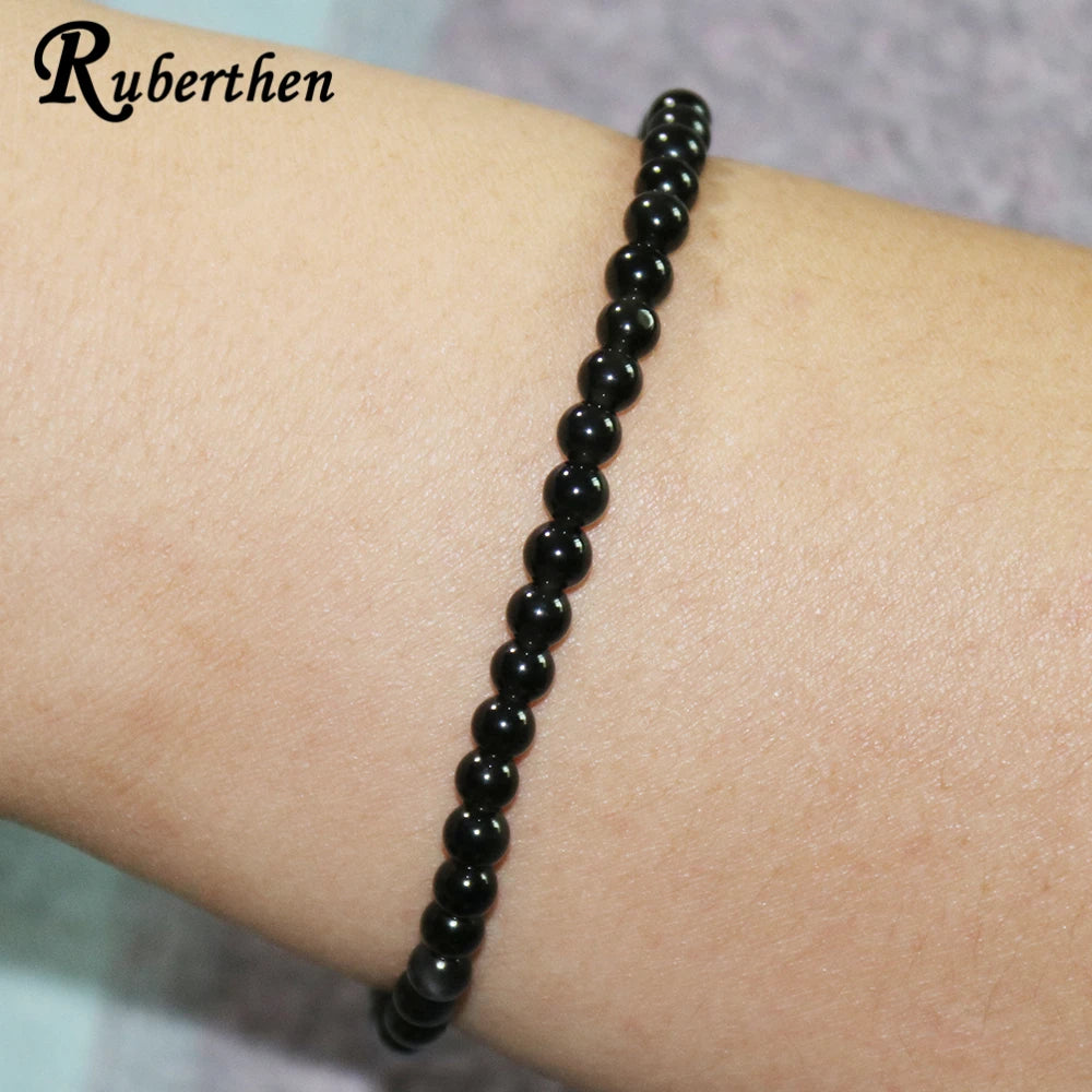 Ruberthen New Design Womens 4 MM Black Tourmaline Bracelet Handmade Mini Gemstone Energy Jewelry