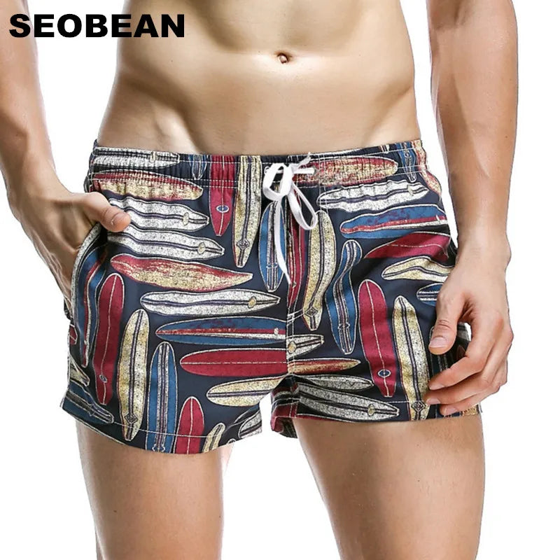SEOBEAN Summer Hot Short Men Board Shorts Coconut Leaf Pattern Sea Beach Style Men's Shorts Men Quick Dry Shorts Trunks
