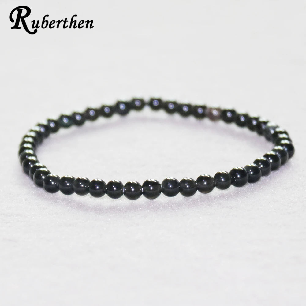 Ruberthen New Design Womens 4 MM Black Tourmaline Bracelet Handmade Mini Gemstone Energy Jewelry