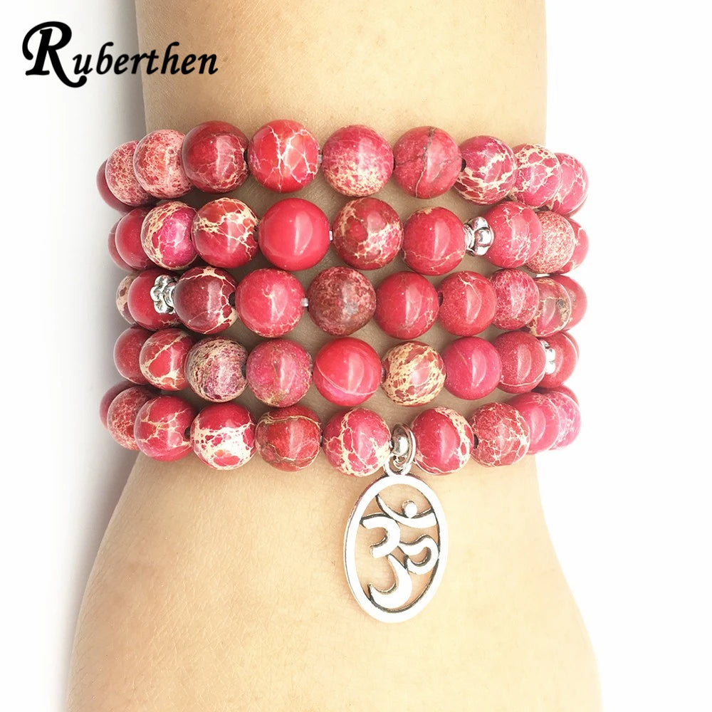 Ruberthen Fashion Yoga Ohm Bracelet New Design Women`s Healing Spiritual Jewelry Trendy Natural Red Regalite 108 Mala Bracelet