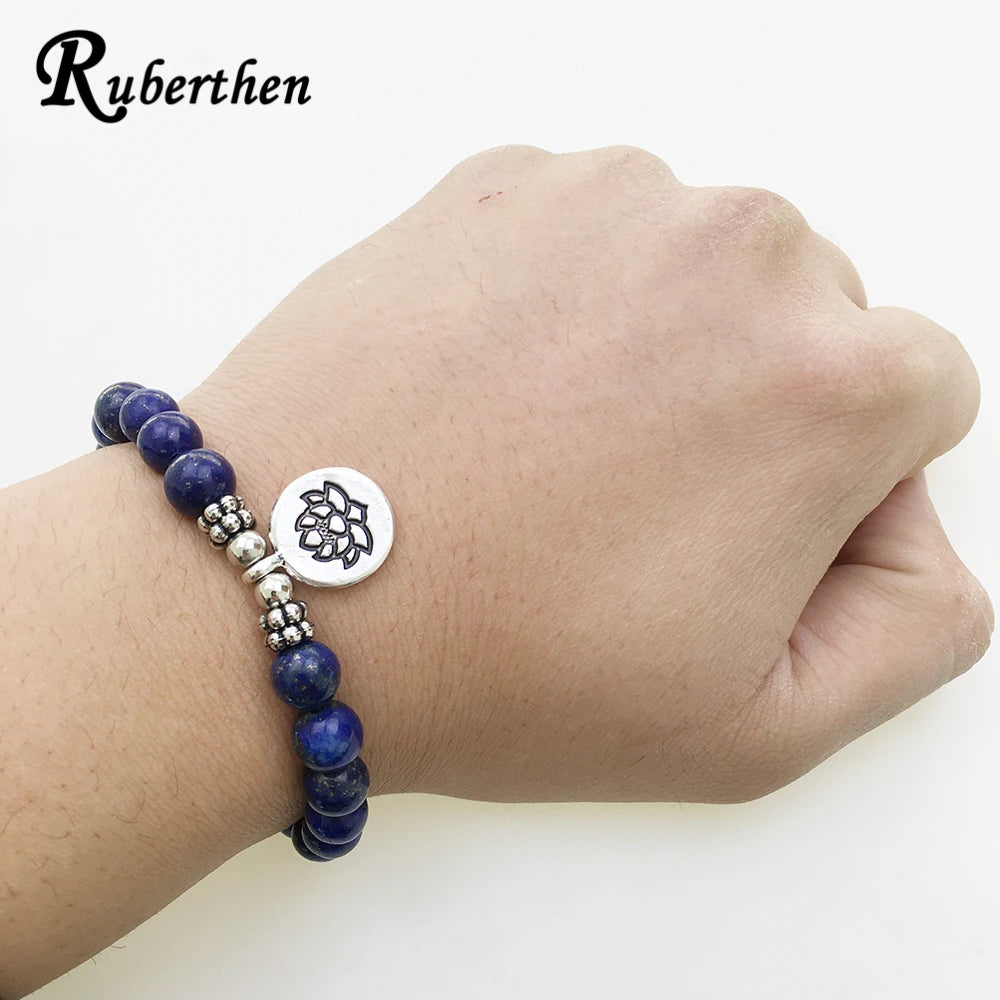 Ruberthen High Quality Lapis Lazuli Bracelet Natural Gemstone Bead Mens Bracelet Throat Chakra Spiritual Gift for Him
