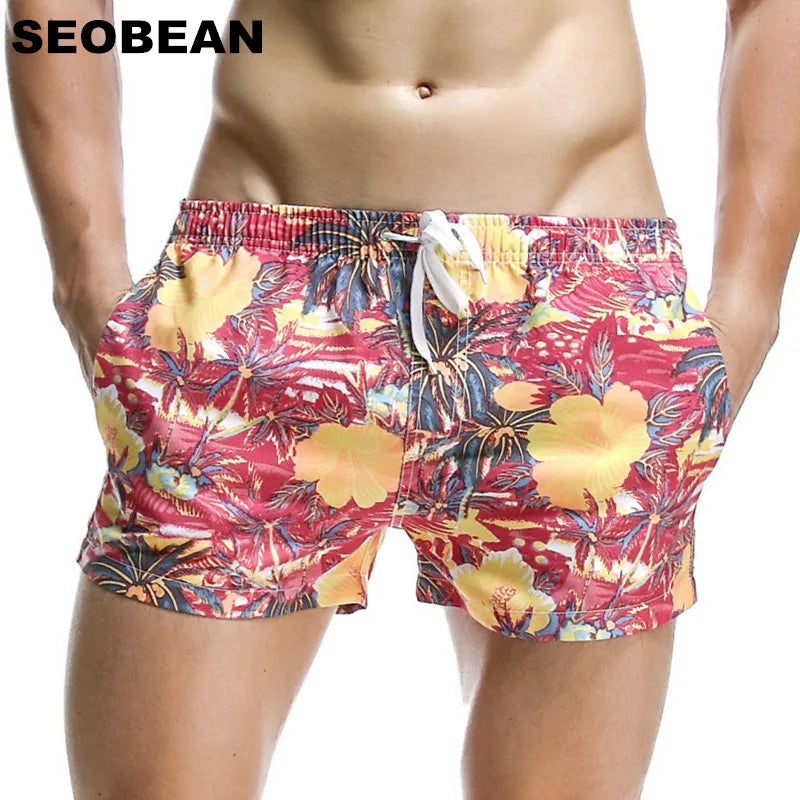 SEOBEAN Summer Hot Short Men Board Shorts Coconut Leaf Pattern Sea Beach Style Men's Shorts Men Quick Dry Shorts Trunks