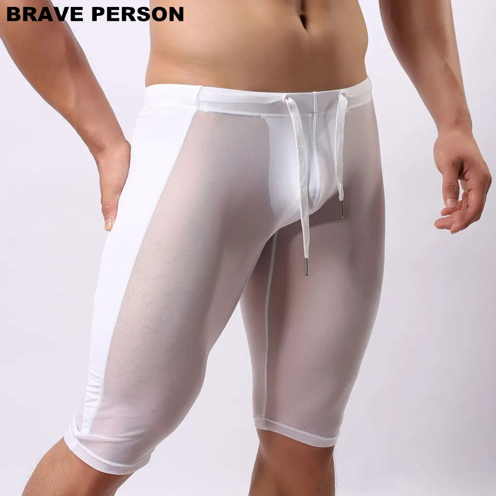 BRAVE PERSON Men's Sexy Transparent Beach Shorts Mens Tights Mesh Swimming Shorts Knee-length Board Shorts Trunks Shorts for Men