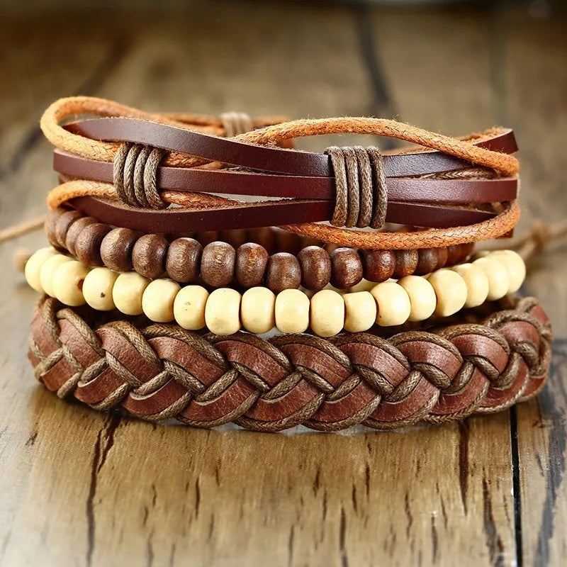 Vnox Mix 4Pcs/ Set Braided Wrap Leather Bracelets for Men Women