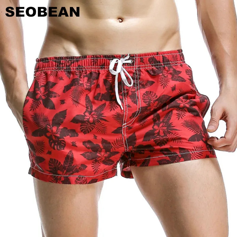 SEOBEAN Summer Hot Short Men Board Shorts Coconut Leaf Pattern Sea Beach Style Men's Shorts Men Quick Dry Shorts Trunks