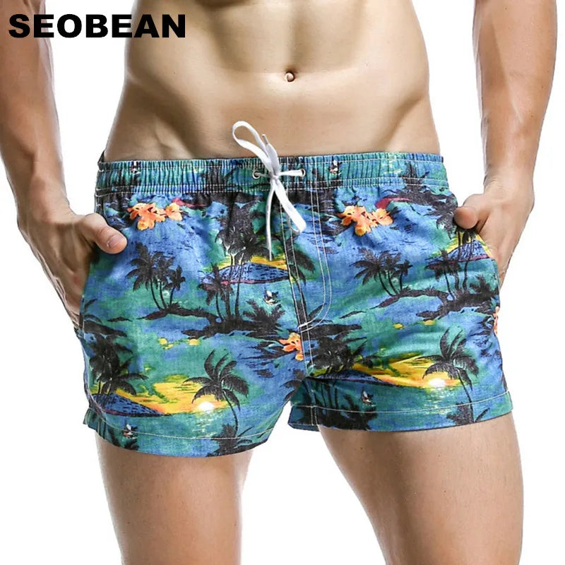 SEOBEAN Summer Hot Short Men Board Shorts Coconut Leaf Pattern Sea Beach Style Men's Shorts Men Quick Dry Shorts Trunks
