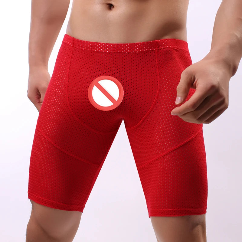 Fitness Long Men Boxer Underwear Mesh Breathable Men Underwear Boxer Shorts Long Leg Trunks Sexy Pouch Running Underpants