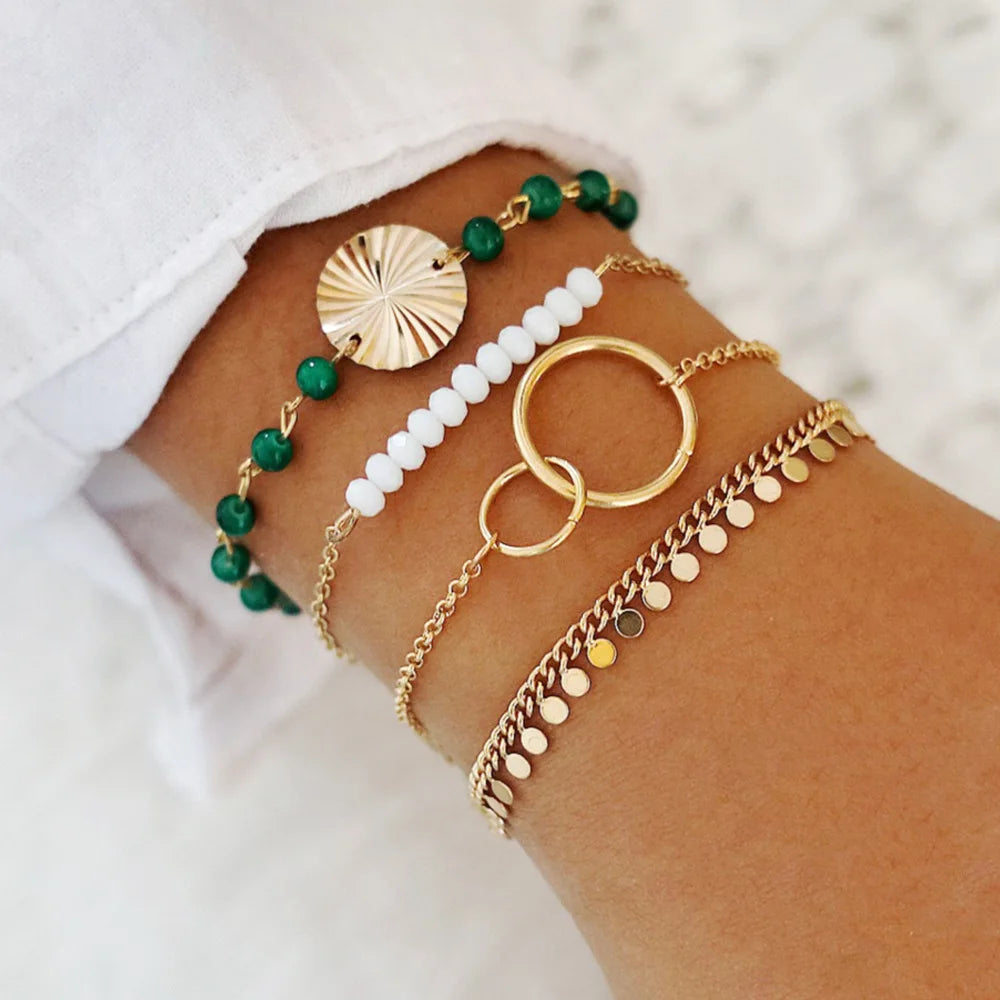 5pcs/set Bohemia Shell Moon Charm Bracelet set For Women Heart Geometric Black Beads Chain Bangle Girls Fashion Jewelry Gift