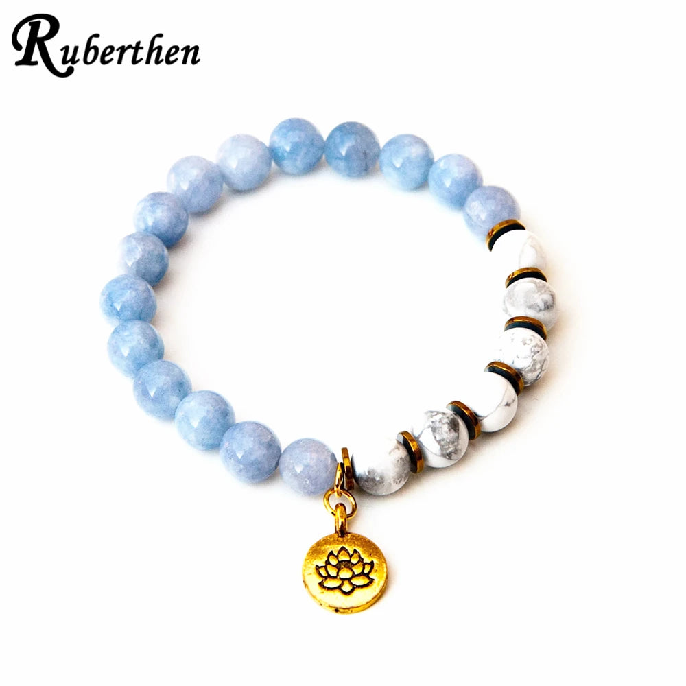 Ruberthen Natural Celestine Women`s Lotus Yoga Mala Bracelet 8 mm Matte Howlite Gemstone Bracelet Best Mother`s Day Gift