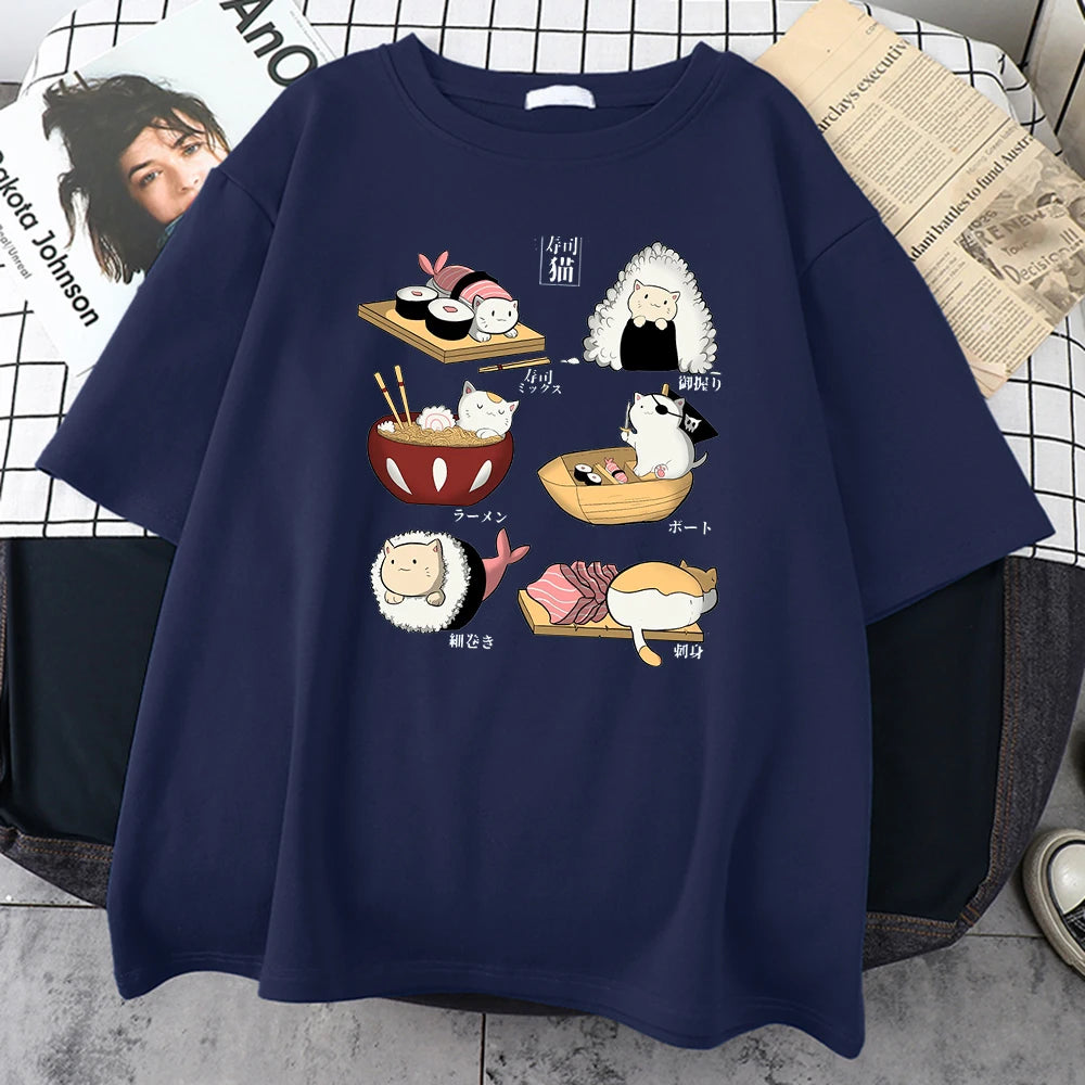 Food Cute Cat Sushi Cartoon Style Mens Cotton Short Sleeve Harajuku Casual All-math T-Shirts Oversize Fashion Man Tee Clothing