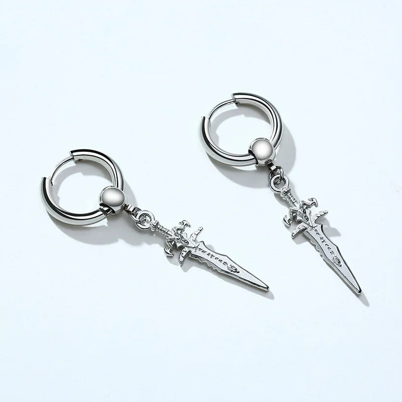 SINGLE SILVER COLOR DAGGER EARRING MEN STAINLESS STEEL SWORD HUGGIE HOOPS EARRINGS COOL FASHION ROCK TATTOO MEN JEWELRY