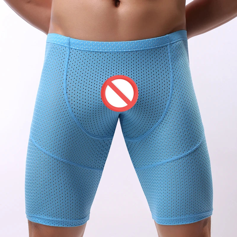 Fitness Long Men Boxer Underwear Mesh Breathable Men Underwear Boxer Shorts Long Leg Trunks Sexy Pouch Running Underpants