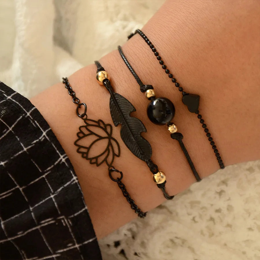 5pcs/set Bohemia Shell Moon Charm Bracelet set For Women Heart Geometric Black Beads Chain Bangle Girls Fashion Jewelry Gift