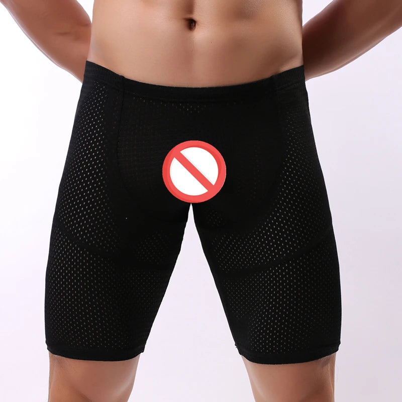 Fitness Long Men Boxer Underwear Mesh Breathable Men Underwear Boxer Shorts Long Leg Trunks Sexy Pouch Running Underpants