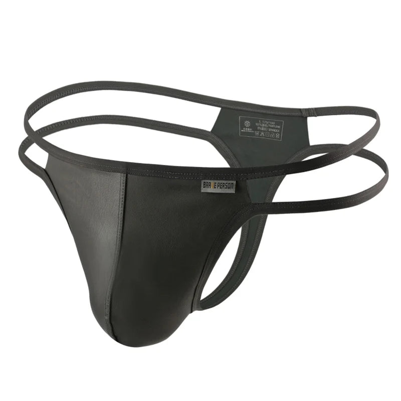 BRAVE PERSON Men Briefs Sexy Underwear Men Thongs  Imitation Leather Fabric Double Belts Design Sissy Panties Thongs for Man