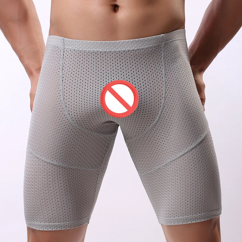 Fitness Long Men Boxer Underwear Mesh Breathable Men Underwear Boxer Shorts Long Leg Trunks Sexy Pouch Running Underpants
