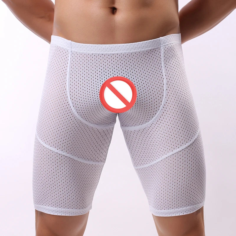 Fitness Long Men Boxer Underwear Mesh Breathable Men Underwear Boxer Shorts Long Leg Trunks Sexy Pouch Running Underpants