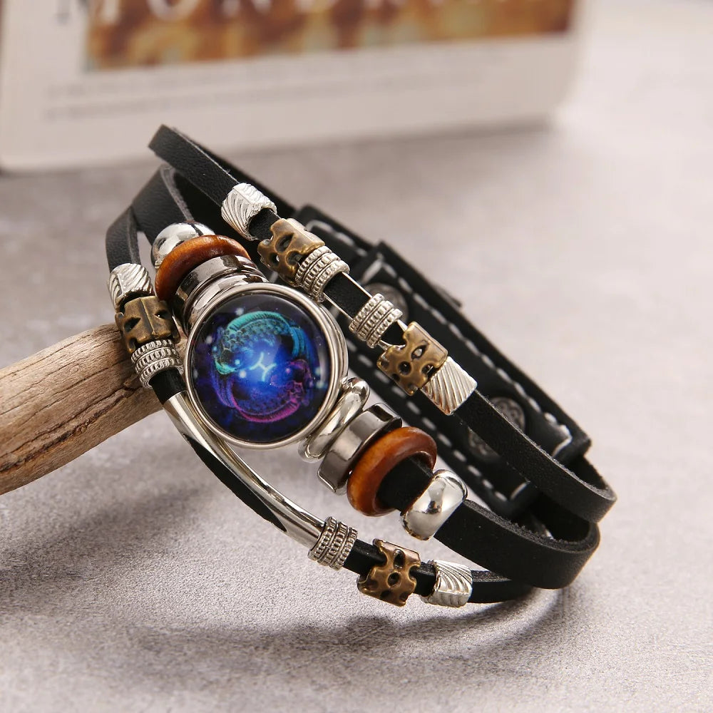 Charm Jewelry 12 Zodiac Weave Bracelets for Women Vintage Multi-layer Stainless Steel 12 Constellations Leather Bracelet